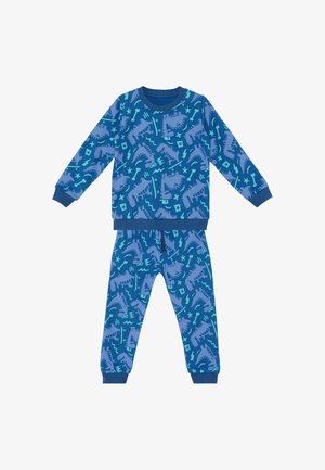 Blaues Langarm-Set aus Oberteil und Hose mit Dinosaurier- und Werkzeug-Motiv in hellblau und türkis, mit gerippten Bündchen und Kragen.
