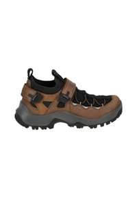 Schuhe aus braunem Leder und schwarzem Netz mit einem schlanken Design, strukturierten Akzenten und einer robusten Gummisohle. Verfügt über verstellbare Riemen für einen sicheren Sitz.