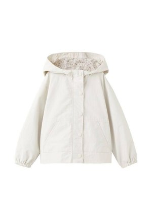 Giacca bianca con cappuccio, bottoni a pressione, polsini elasticizzati, tasche frontali e fodera interna floreale nel cappuccio.