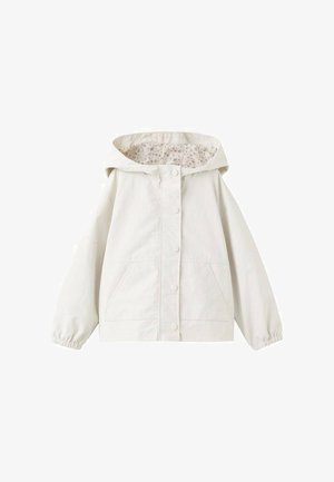 Bela jakna s kapuco na pritisne gumbe, elastičnimi manšetami, sprednjimi žepi in cvetličnim notranjim podlogom na kapuci.