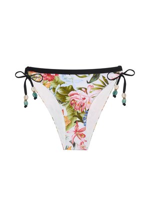 Braguita de bikini con estampado floral, ribete negro, laterales con lazos y detalles de abalorios en verde, blanco y negro sobre un fondo blanco.