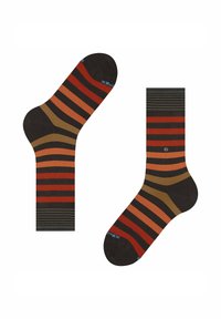 Calzini a righe con strisce marroni scure, rosse, arancioni e beige. Realizzati in tessuto morbido con rinforzo sul tallone e sulle punte. Accentuati con logo.