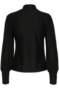Svart bluse med puffermer, figursydd overdel, krage og jevn tekstur. Enkelt design med en ren silhuett.
