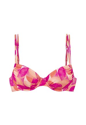 Underwire bikini top with pink and orange abstract leaf pattern and adjustable double shoulder straps.