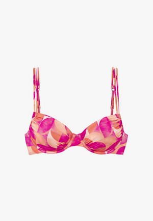 Top de bikini con aros con patrón abstracto de hojas en rosa y naranja y tirantes dobles ajustables.