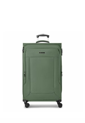 Valise souple verte avec poche avant, poignée télescopique et quatre roulettes pivotantes sur fond blanc.