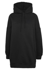 Felpa nera oversize realizzata in tessuto morbido, con cappuccio regolabile, maniche lunghe e tasca a marsupio sul davanti.