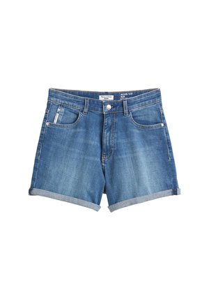 Jeans-Shorts in Mittelblau mit umgeschlagenen Säumen, ausgestattet mit fünf Taschen, einem vorderen Knopfverschluss und leichter Ausbleichung über den Stoff.