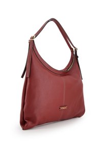Red leather handbag with a slouchy hobo design, featuring a single strap and gold hardware accent. Textured, supple finish with subtle stitching.