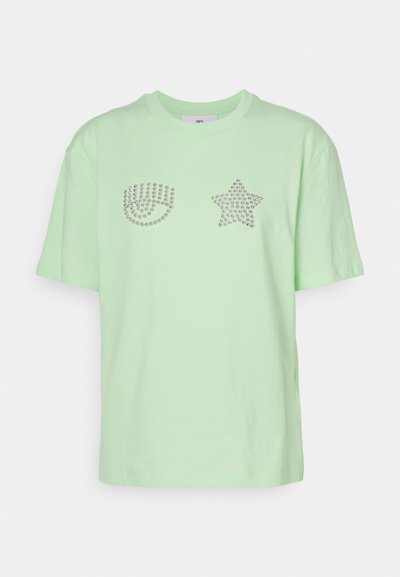Mint green cotton t-shirt with short sleeves, featuring rhinestone details in the shape of a shell and a star on the front.
