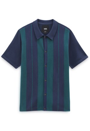 Camicia a maniche corte con bottoni, righe verticali blu navy e verde petrolio, colletto e bottoni neri sulla parte anteriore.