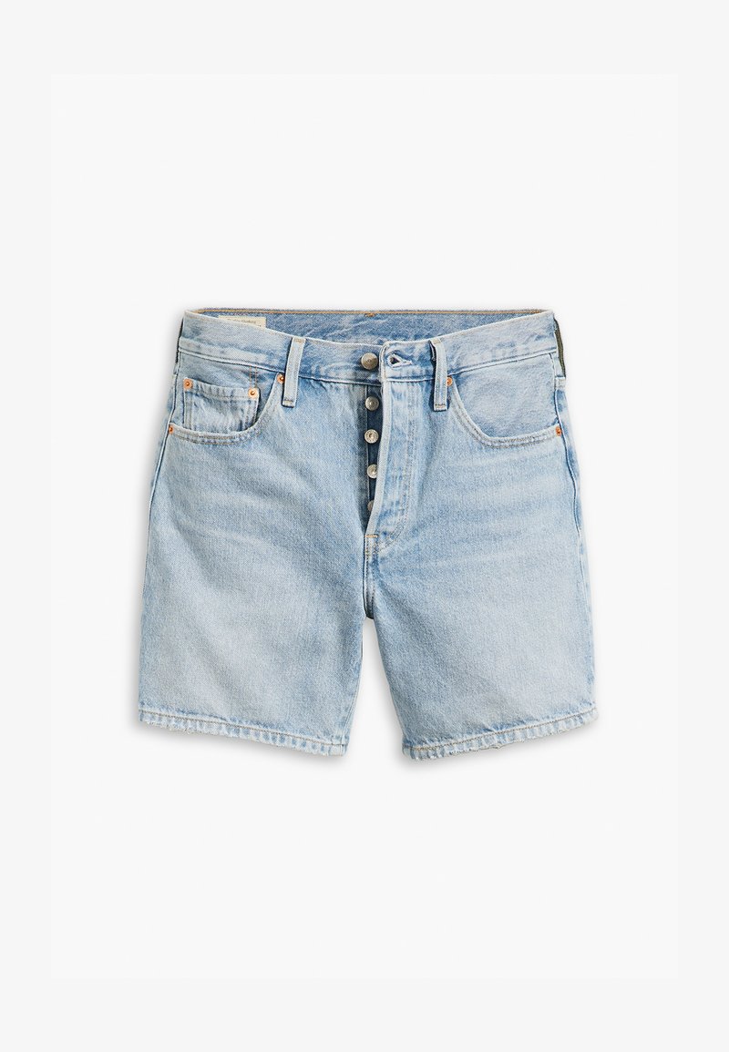 Svetlo modri jeans kratke hlače z visokim pasom, petimi žepi in sprednjim gumbom. Opazna bledenja, z dvojno šivom vzdolž robov.