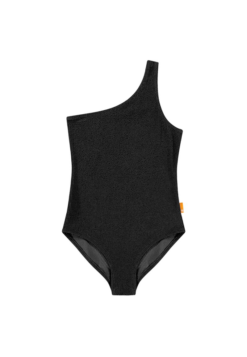 Maillot de bain une pièce noir à épaule dénudée avec un tissu texturé, un intérieur lisse et une étiquette logo orange sur le côté.
