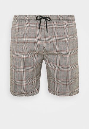 Geruite zwemshorts in grijs, zwart en roestkleuren. Voorzien van een elastische tailleband met een trekkoord. Gemaakt van lichtgewicht stof.