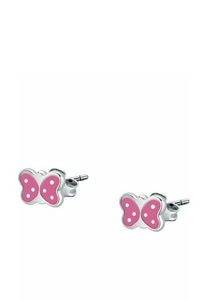 Silver butterfly-shaped stud earrings with pink enamel wings and white dots on a white background.