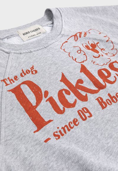 Sweat-shirt gris pour enfant avec texte orange "Le chien Pickles depuis 09 Bobo" et une illustration simple de chien près de l'étiquette du col.