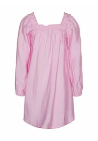 Vestido rosa con mangas largas abullonadas, escote cuadrado y detalles de gomafruncido. Fabricado en una tela brillante y suave con un corte holgado.