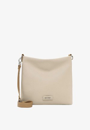 Beige leather crossbody bag with a textured finish, curved top, and a detachable strap. Features a metallic logo accent on the front.