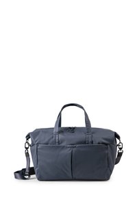 Marinefarbener Stoff-Duffelbag mit doppelten Obergriffen, abnehmbarem Schulterriemen, zwei Vorderfächern und einem Reißverschluss. Glatte Textur.