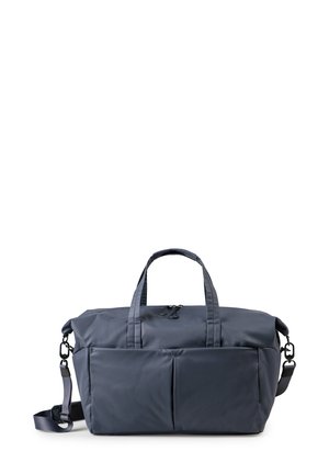Marinefarbener Stoff-Duffelbag mit doppelten Obergriffen, abnehmbarem Schulterriemen, zwei Vorderfächern und einem Reißverschluss. Glatte Textur.