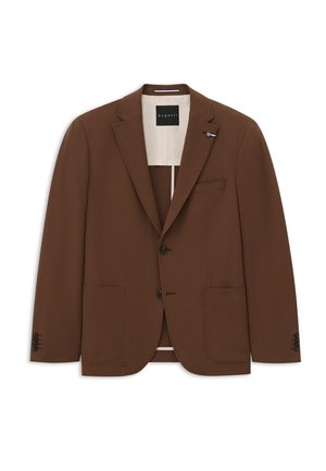 Brauner Herrenblazer mit Kerbkragen, zwei aufgesetzten Fronttaschen, zwei Knöpfen und einer kleinen Nadel am linken Revers mit der Aufschrift „bugatti“ innen.