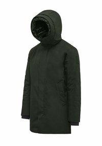 Giacca esterna con cappuccio di un verde scuro, dalla texture liscia, con chiusura a zip, due tasche laterali e polsini a costine.