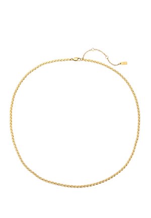 Gold twisted rope chain necklace with a lobster clasp and an adjustable extension chain on a white background.