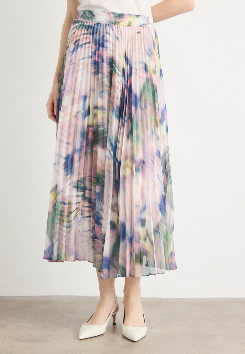 Gonna midi plissettata in tessuto leggero e semitrasparente, con un motivo astratto colorato che presenta tonalità di rosa, verde e blu. Vita elastica.