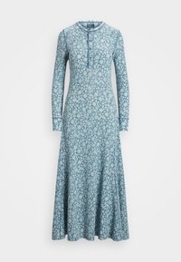 Blå långärmad maxiklänning med vitt blommönster, rund halsringning och knappslå längs den övre framsidan.