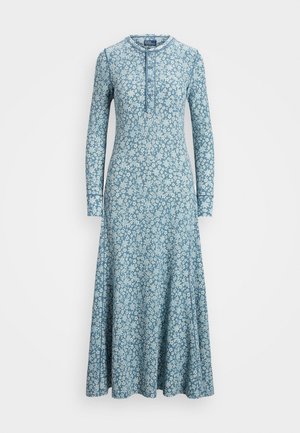 Abito maxi blu a maniche lunghe con motivo floreale bianco, scollatura rotonda e pattina con bottoni sulla parte superiore anteriore.