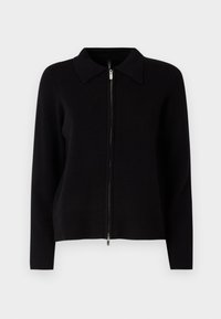 Černý pletený kardigan s plochým límcem, předním zipem a dlouhými rukávy. Hladká textura a přiléhavý střih bez dodatečných vzorů nebo akcentů.