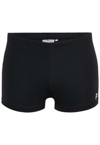 Pantaloni da nuoto neri realizzati in materiale elastico, caratterizzati da una vestibilità aderente, vita bassa e un piccolo logo bianco sul lato.