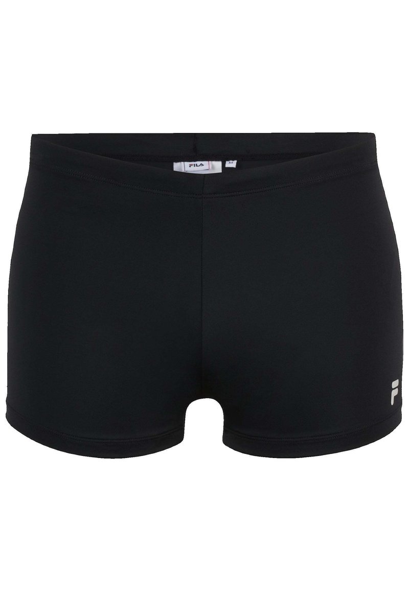 Pantaloni da nuoto neri realizzati in materiale elastico, caratterizzati da una vestibilità aderente, vita bassa e un piccolo logo bianco sul lato.
