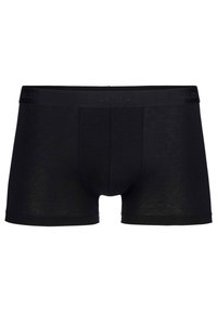 Boxer in cotone nero con un elastico in vita nero, con il nome del marchio "CALIDA" impresso. Texture liscia, forma aderente, lunghezza fino a metà coscia.