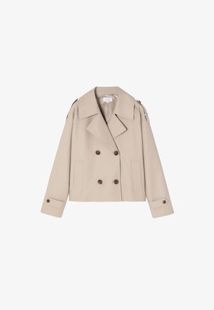 Beige dobbeltbrystet jakke med bred krave, to forlommer og knapdetaljer ved ærmerne. Glat stof med en struktureret pasform.