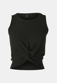 Top sin mangas de color verde oscuro, con un diseño acanalado, cuello redondo y un detalle anudado en el frente. Tela suave y elástica diseñada para la comodidad.