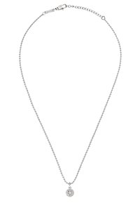 Silver necklace with a beaded chain and a circular pendant featuring a compass design. Adjustable clasp for varied lengths.