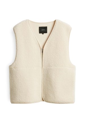 Gilet in pile di colore crema con zip frontale, ampie aperture per le braccia e scollatura a V. Presenta due tasche frontali e una texture morbida.