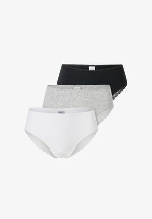 Tre par kvinders trusser i sort, grå og hvid. Fremstillet af blødt stof med blonder trim langs taljen og benåbningerne.