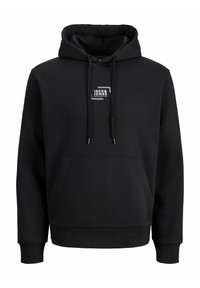 Sweat à capuche noir en coton doux, doté d'une poche kangourou, d'une capuche avec cordon de serrage et d'une petite étiquette de marque sur la poitrine. Coupe classique.