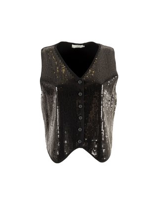 Gilet en sequins noirs avec un décolleté en V, sans manches, et six boutons sur le devant. Texture lisse avec des surfaces brillantes et réfléchissantes.