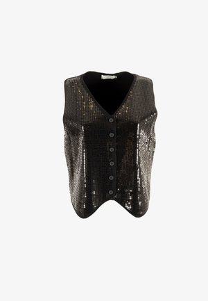 Gilet en sequins noirs avec un décolleté en V, sans manches, et six boutons sur le devant. Texture lisse avec des surfaces brillantes et réfléchissantes.