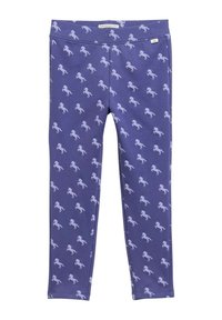 Leggings violets avec un motif répété de chevaux blancs. Fabriqués en tissu doux, avec une taille extensible pour le confort et la liberté de mouvement.