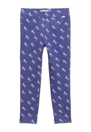 Lila Leggings mit einem wiederholten weißen Pferdemuster. Hergestellt aus weichem Stoff, mit einem dehnbaren Bund für Komfort und Bewegungsfreiheit.