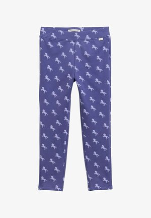 Lilla leggins med et gentaget heste mønster i hvid. Lavet af blødt stof, med en strækbar talje for komfort og bevægelsesfrihed.