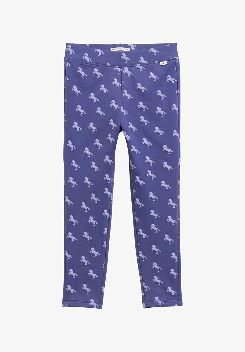 Leggings violets avec un motif répété de chevaux blancs. Fabriqués en tissu doux, avec une taille extensible pour le confort et la liberté de mouvement.