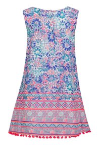 Sukienka bez rękawów z kwiatowym wzorem, wykonana z lekkiego materiału. Posiada wzory w odcieniach niebieskiego, różowego i turkusowego, z ozdobną lamówką i pomponami przy dole.