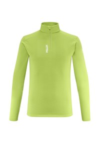 Pull-over à manches longues de couleur vert lime vif, avec un col zippé à moitié, un tissu texturé et un logo blanc sur la poitrine et la manche.