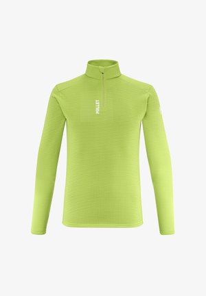 Long-sleeve pullover in vibrant lime green, featuring a half-zip collar, textured fabric, and white logo on the chest and sleeve.