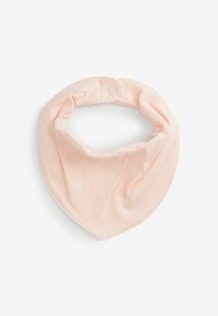 Pink, soft fabric bandana with a triangular shape, featuring a snap closure. Smooth texture and a simple design with no patterns.